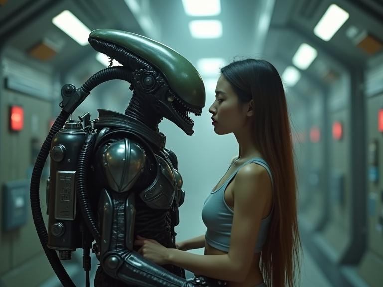 Long-haired brunette astronaut in gear interacts closely with alien creature in sci-fi corridor. The scene shows detailed textures on both characters with fog and flickering lights.