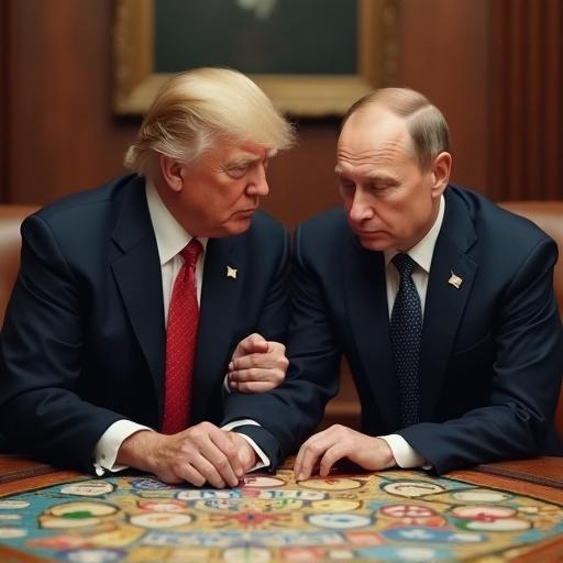 Trump and Putin having a friendly interaction while playing a board game. Emphasis on camaraderie and strategy in an intimate setting.