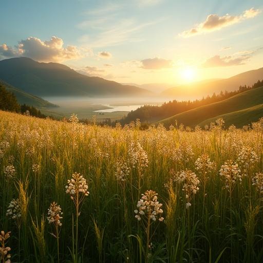 A photorealistic background of lush grassland and open field at sunrise. Morning dew on the grass with bright water droplets. Soft morning fog dissipating. Natural warm diffuse light with low sun casting long shadows. Ethereal golden hour effect. Composition is deep and panoramic with green fertile prairie in foreground, gentle hills in background, clear blue sky with stratocumulus clouds. Text in 3D floating style, sans-serif modern typography, vibrant red color, saying 'el amor todo lo puede' in the corner upper left, with visually appropriate padding.