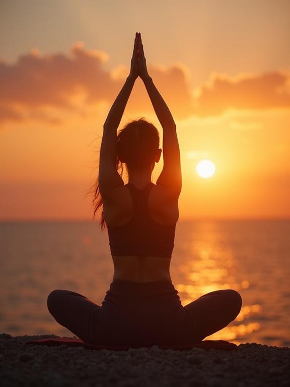 A silhouette of a person in a yoga pose at sunset by the sea. Emphasize the calmness and beauty of the scene.