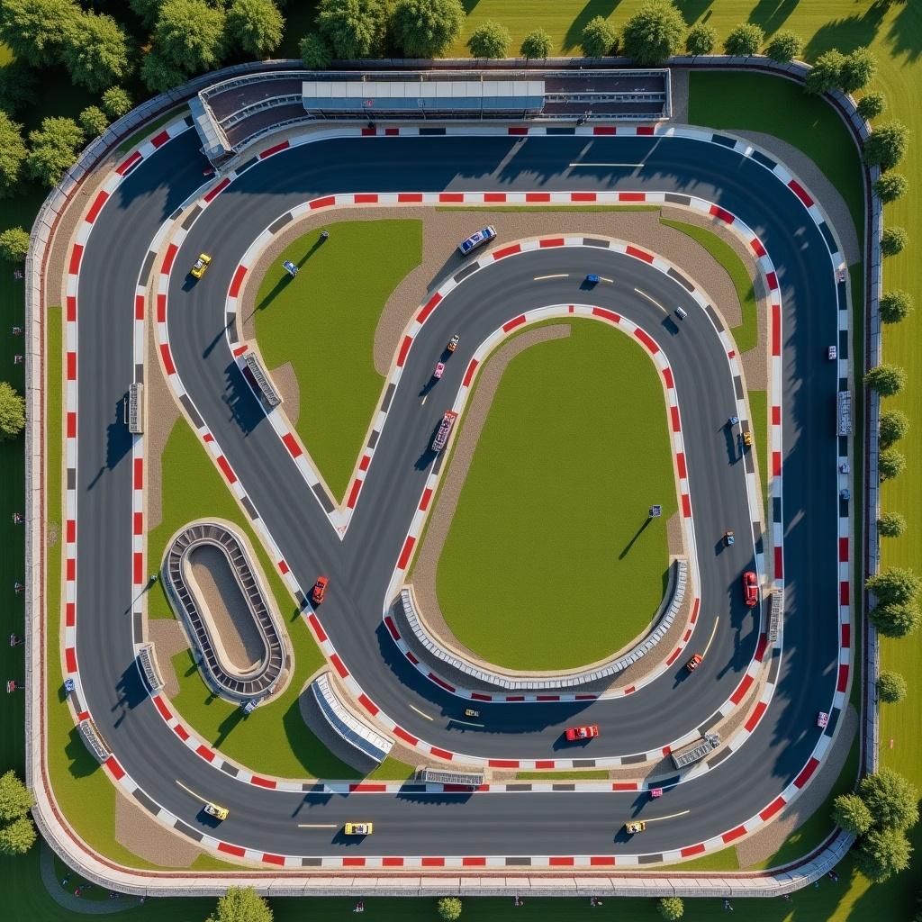 Top-down aerial view of a racing track layout. The layout includes long straight sections. Features tight hairpin turns and an S curve chicane. Includes a pit lane, green grass, gravel traps, safety barriers, grandstands, trackside flags, and advertisements.