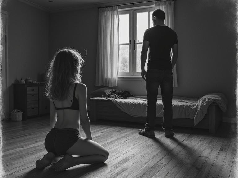 Pencil drawing depicts a kneeling girl in a bra crying before her father standing with his back to the camera in a dark bedroom.