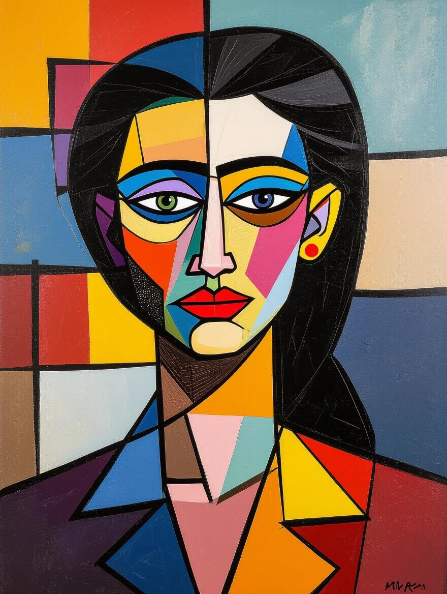Abstract portrait of a woman in vibrant colors with geometric shapes. The artwork combines elements from Joan Miró and Maria Tsuhilkina. Erratic background with a quilt-like design.