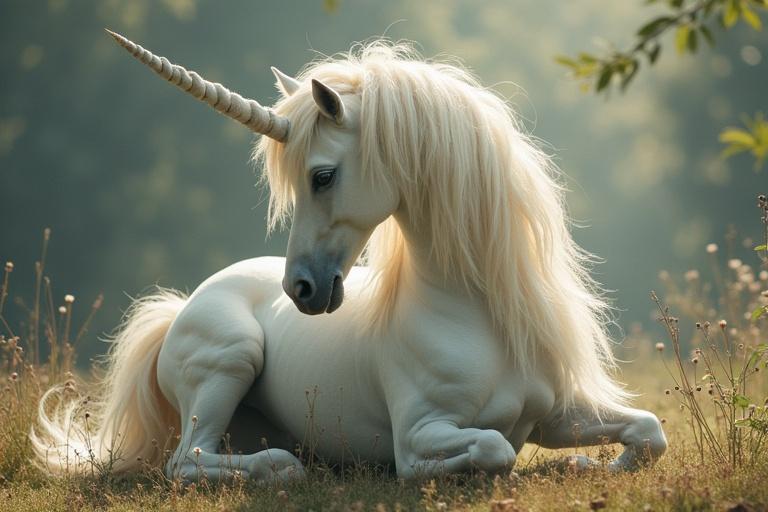 Unicorn kneeling in a lush field. Long flowing mane. Expression is graceful and moved.