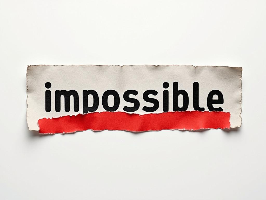 The image features a stripe of paper that carries the text "impossible." The word is distinctly divided by a tear, separating the letters "im" from "possible." The letters are printed in a bold font, producing a strong visual impact. There is a red stripe beneath the word, emphasizing the "im" part. The background is textured and neutral, which contrasts well with the printed text. The torn edge adds a sense of dynamism to the image, implying a challenge to the concept of impossibility.