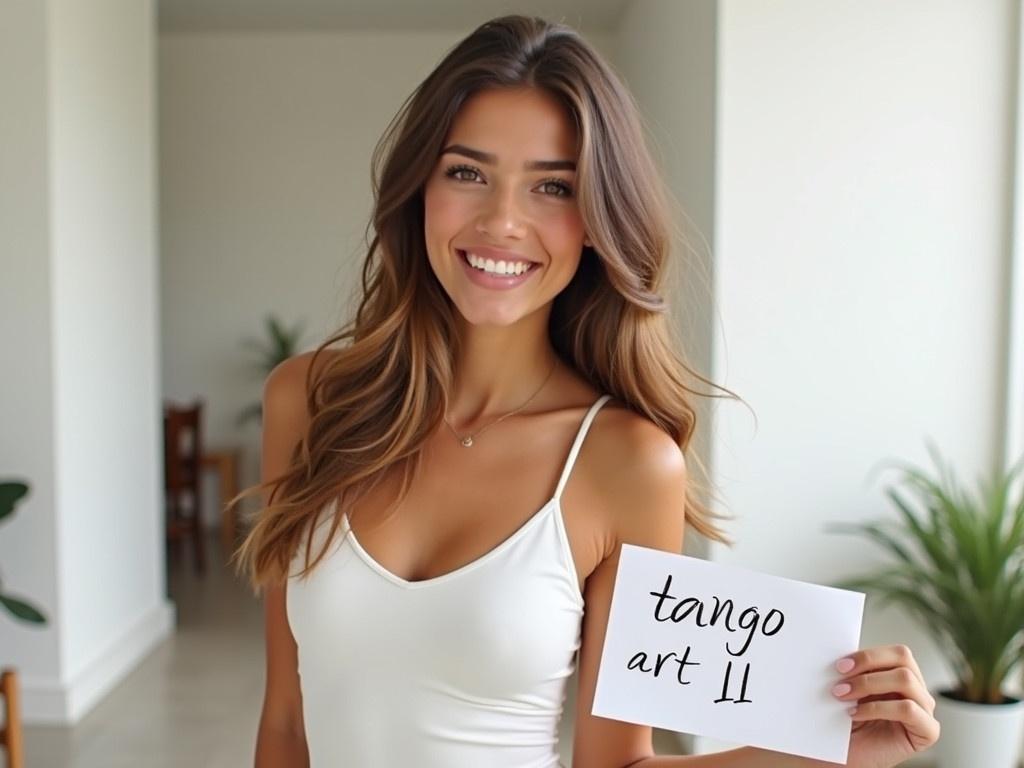 In a bright, well-lit room, a young woman is posing for a selfie. She is wearing a fitted white dress with thin straps, which highlights her figure. Her long, wavy hair cascades down her shoulder, creating a relaxed yet stylish appearance. The decor of the room is minimalistic, with light-colored walls and simple furniture in the background. In the lower right corner of the image, she is holding a handwritten sign that reads 'tangoart11'.