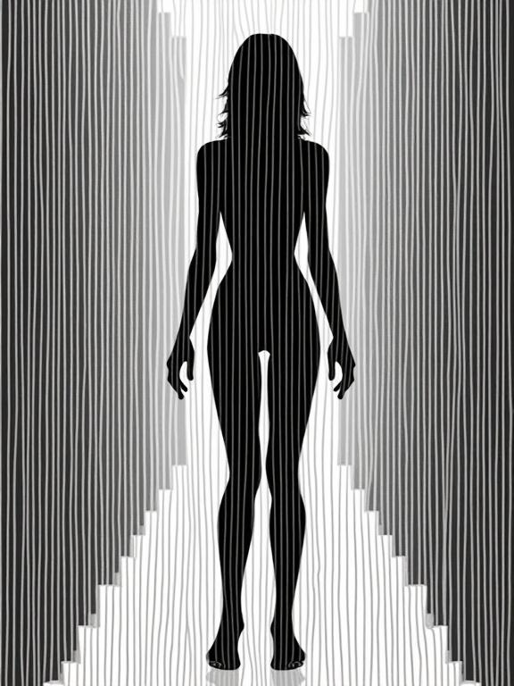 Female form constructed entirely from vertical price barcode stripes. The entire scene features barcodes including the background. The image utilizes only black and white colors.