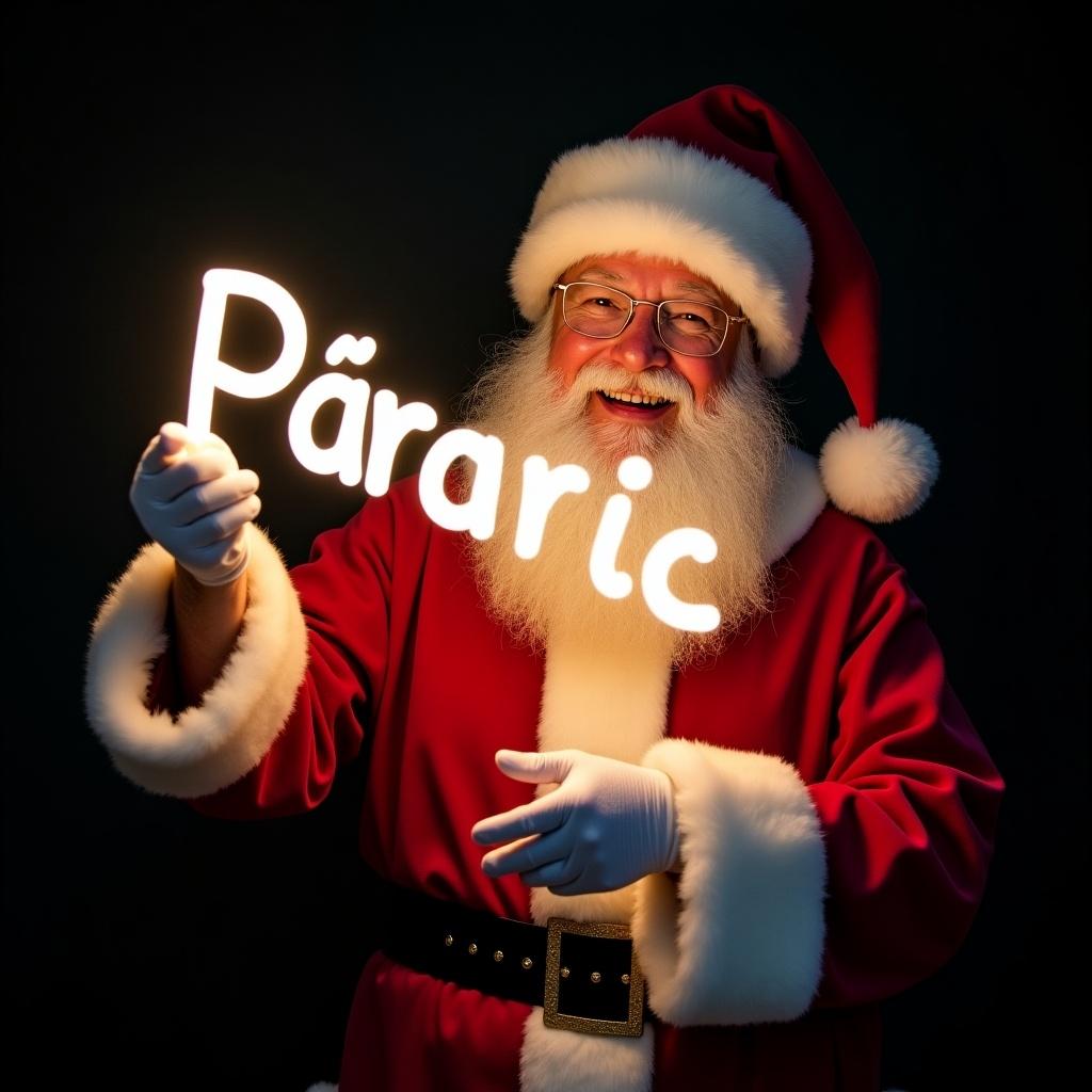 Image of Santa Claus in traditional suit. He holds a glow stick forming the name 'Páraic'. Santa has a jolly expression. Dark background emphasizes the glowing text. This scene captures Christmas magic and joy.