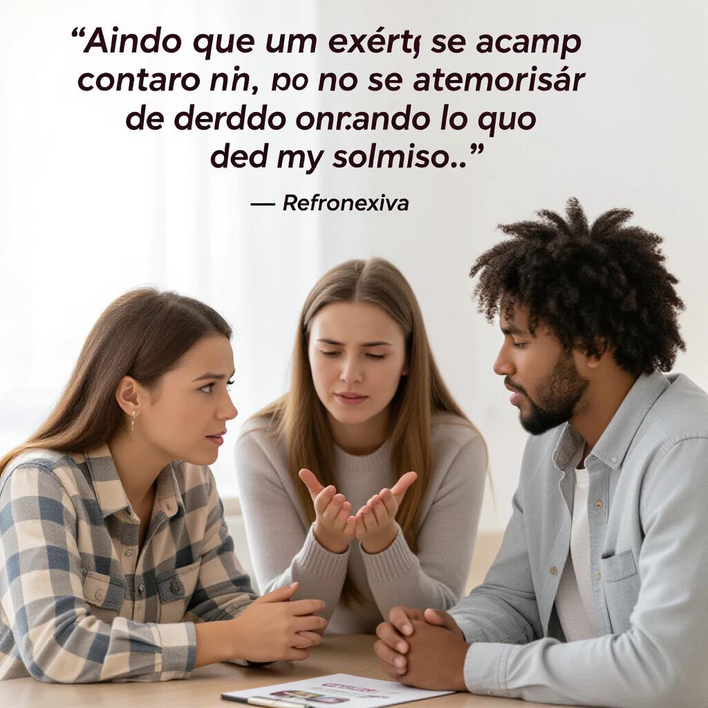 Three individuals engaged in a serious conversation about facing personal challenges. Expressions of concern and empathy are evident. The scene conveys a sense of tension with an underlying message of support.