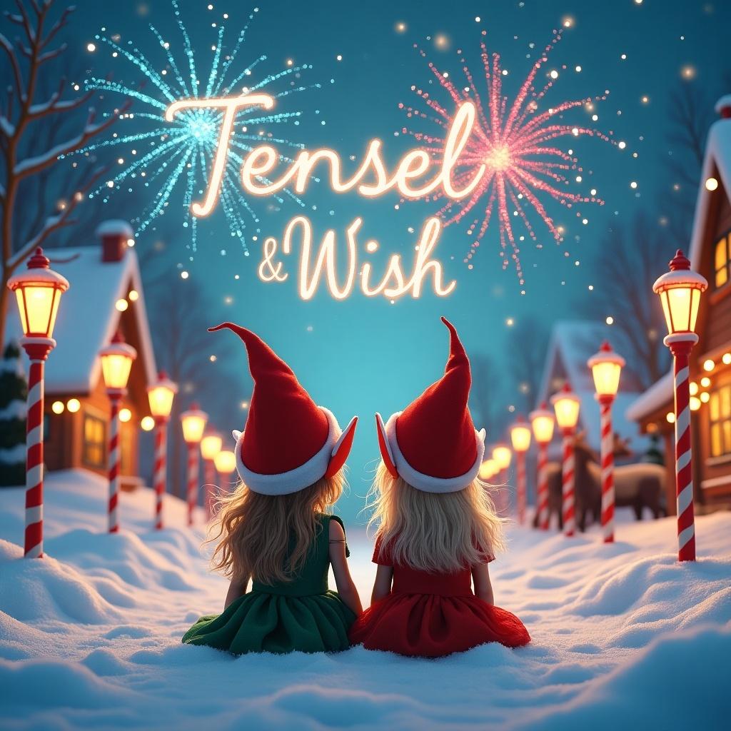 Two fairy elves called Tinsel and Wish sit in a winter wonderland. Snow covers the ground and lights twinkle around them. Fireworks above spell their names in bright colors. Candy cane street lamps illuminate the path. The background features Santa's workshop and reindeer, creating a festive scene. The image conveys the spirit of Christmas.