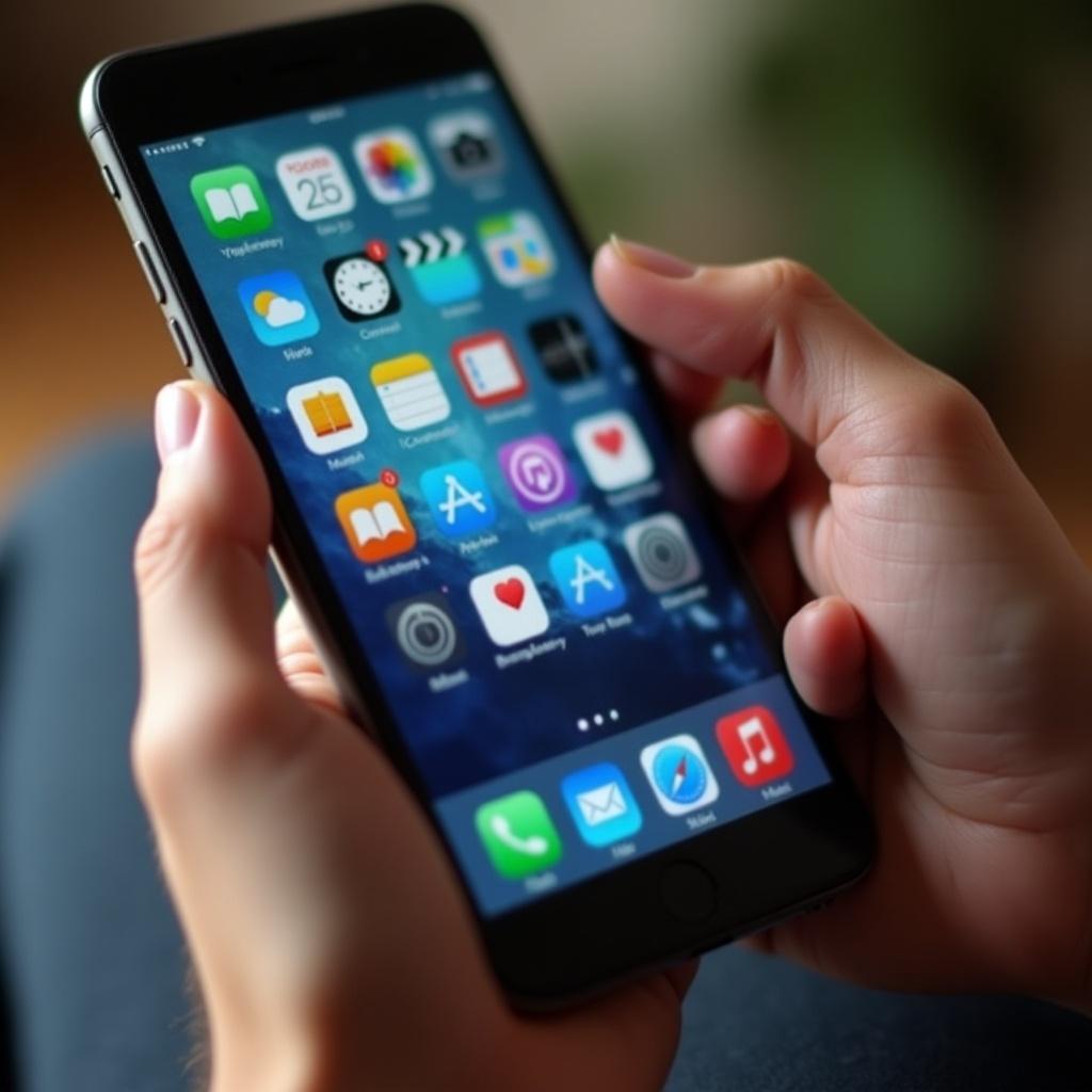 A close-up photo of a person's hand holding a smartphone. The smartphone screen shows various app icons in vibrant colors. The background is softly blurred, emphasizing the device. The hand appears engaged, possibly interacting with the screen. It's taken in a well-lit space, creating a modern, tech-focused vibe.