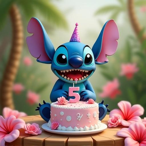 A Stitch character from Disney celebrating a 5th birthday with a decorated cake. Scene set in a tropical paradise surrounded by flowers.