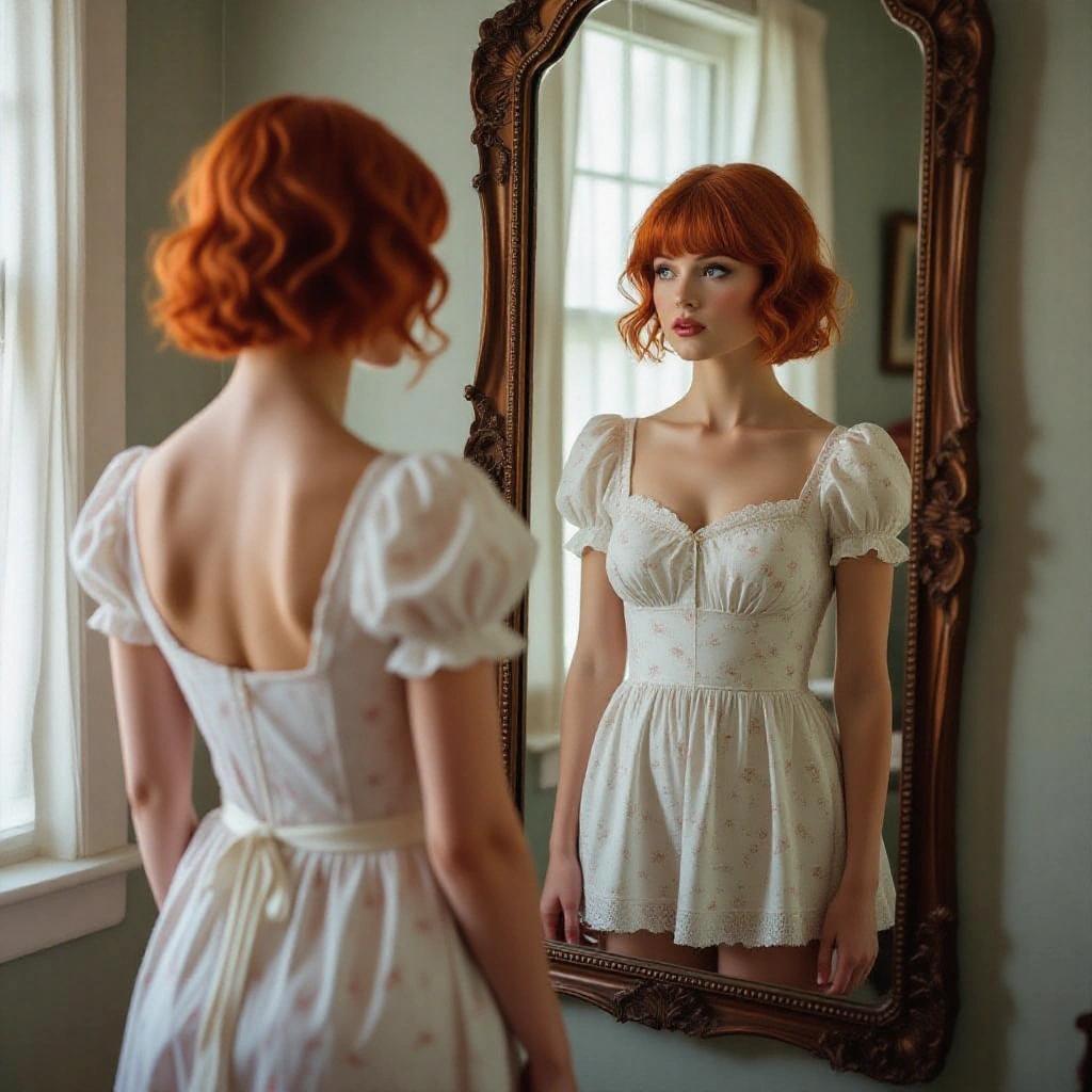 A 23 year old lady with short red hair stares into a full length mirror. She is wearing a baby doll dress.