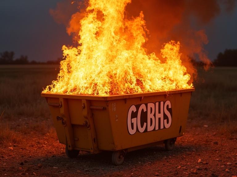 Hyperrealistic flaming dumpster with initials GCBHS on the side.