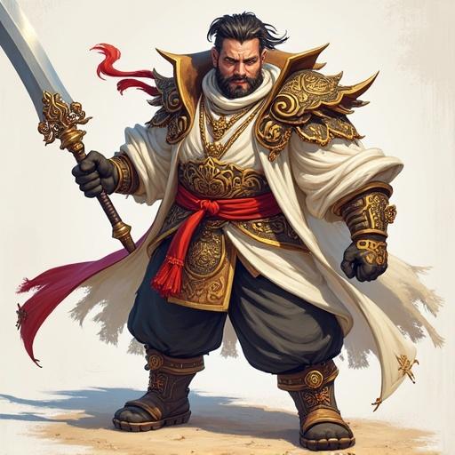 A fantasy warrior character with a sword. The character has a strong appearance with detailed armor. Rich colors and dramatic lighting are used for emphasis. The stance is imposing and confident.