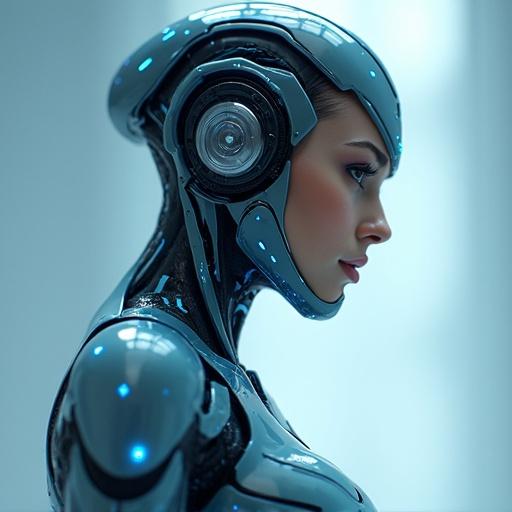 Futuristic female android rendered in CGI. The design features a glossy bodysuit with blue accents. The composition focuses on the side profile of the robotic figure. The surface reflects light beautifully, enhancing the modern feel of the artwork.