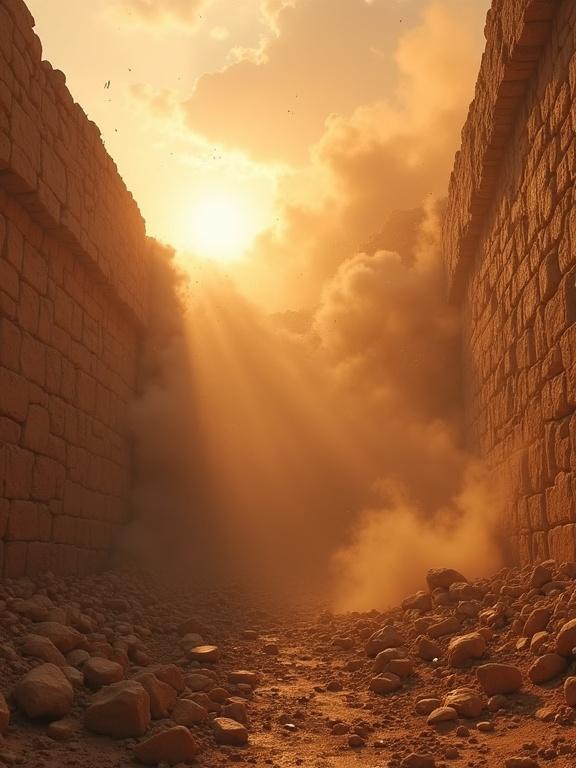 Ultr cinematic video scene of massive crack in ancient wall. Dust and rocks released. Camera elevates dramatically revealing towering walls collapsing. Stone blocks falling in slow motion. Reddish mist in air. Sun filters through chaos.