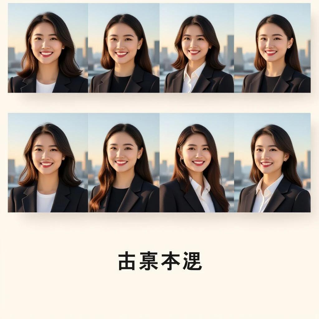 A young woman smiling in front of an urban skyline. Soft sunlight creates a warm, pleasant atmosphere. Hair falls naturally on her shoulders. Wearing a black jacket. Clean, elegant style. Background features blurred skyscrapers, creating depth.