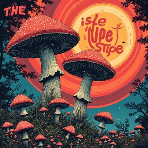 Album cover featuring bright swirly colors and mushrooms. 60s style with the band name 'Isle of Stipe'.