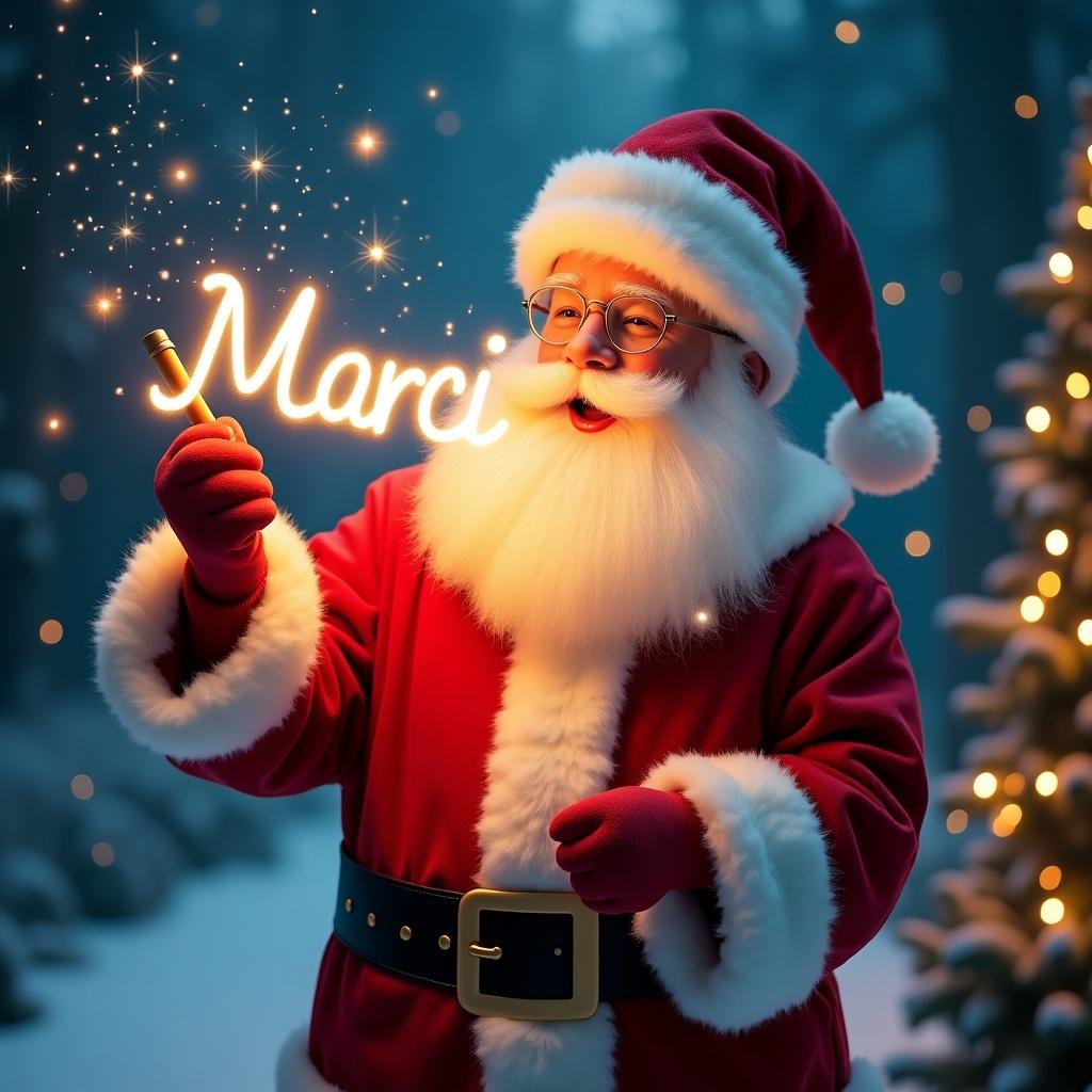 Magical Christmas scene featuring Santa writing Marci with a glowing stick in a festive atmosphere.