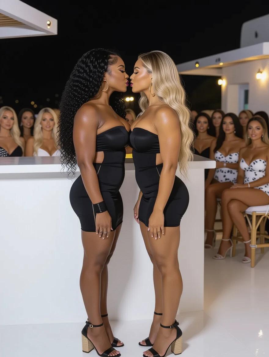 Two ultra muscular women stand face to face ready to kiss. One has long curly black hair. The other has long wavy blonde hair. Both wear black strapless bandage dresses. High heels with straps complete their looks. A Mykonos bar setting at night surrounds them with a crowd of women.
