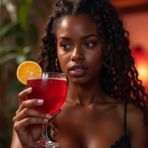 A girl with box braids is holding a red cocktail drink. She looks uneasy as she stares off. The setting has warm lighting. Focus on the cocktail and her hand.