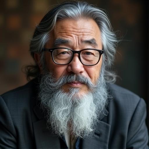 Closeup shot of a middle-aged Chinese man. Long gray hair with a beard. Exuding a serene thoughtful presence. Wearing modern prescription glasses.
