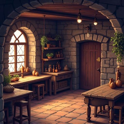 Pixel art in a 2D style shows a European medieval tavern from the 1600s. The scene includes wooden furniture, shelves with pottery, and warm lighting. The setting is cozy and rustic.