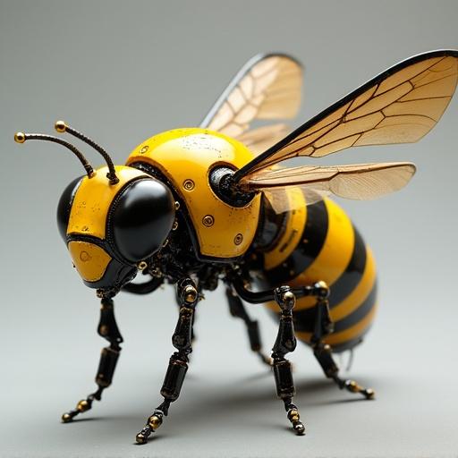 Steampunk robotic bumble bee with intricate mechanical details and wings. Bumble bee design combines retro-futuristic aesthetics and engineering elements. The bee features metallic gold and black coloring with transparent wings to enhance realism. An artistic representation of technology and nature merging.