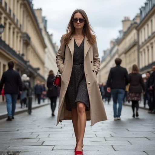 A French lady walking in Paris wearing a trenchcoat and a demure dress with red ballerina flats. She is about her day not looking at the camera. Weather is partly cloudy.