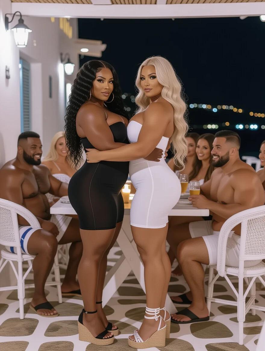 Two bodybuilder women stand close together. One woman has curly black hair and dark skin. The other woman has long blonde hair and light skin. Both wear tight strapless dresses and platform heels. They embrace each other while looking into each other's eyes. The setting is a tavern in Mykonos during the night with people dining around them.