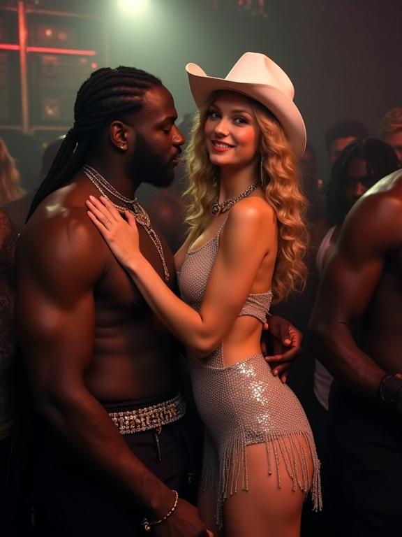 Scene in an underground nightclub. A couple embracing closely. Female wearing a sparkly silver dress with fringes and cowboy hat. Male is a black gangsta rapper. Nightclub atmosphere filled with other men.