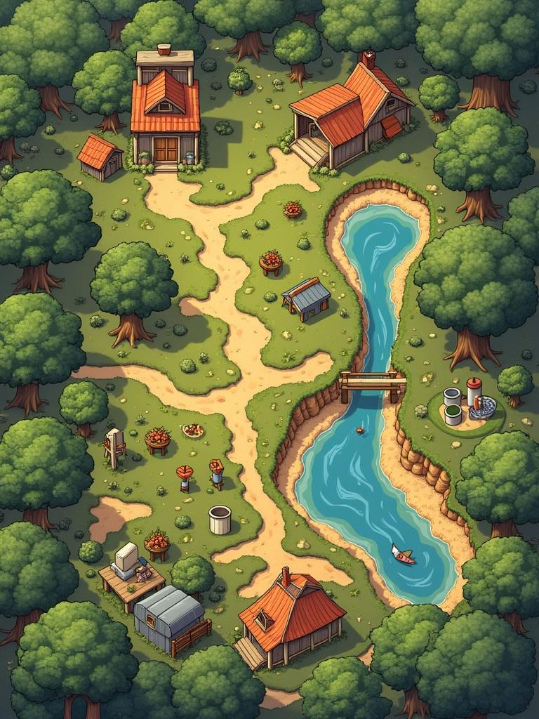 Top-down view of a farm map with a winding river, several small buildings, trees, and various outdoor features. Features include a path, water elements, and decorative landscaping.