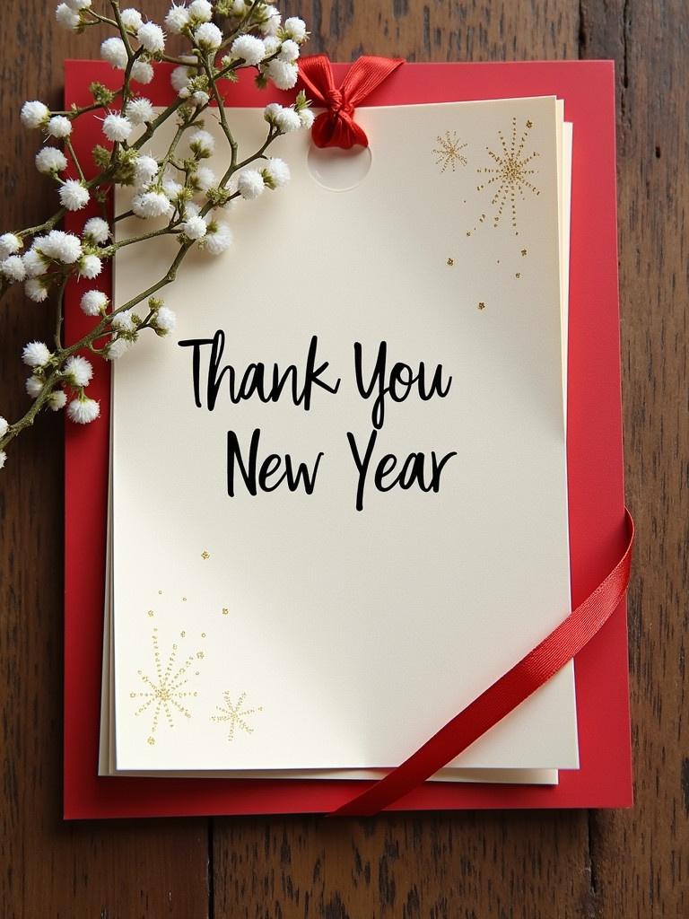 Thank you note and Happy New Year card placed on wooden surface. Card features festive design elements with flowers. Red envelope enhances the aesthetic.