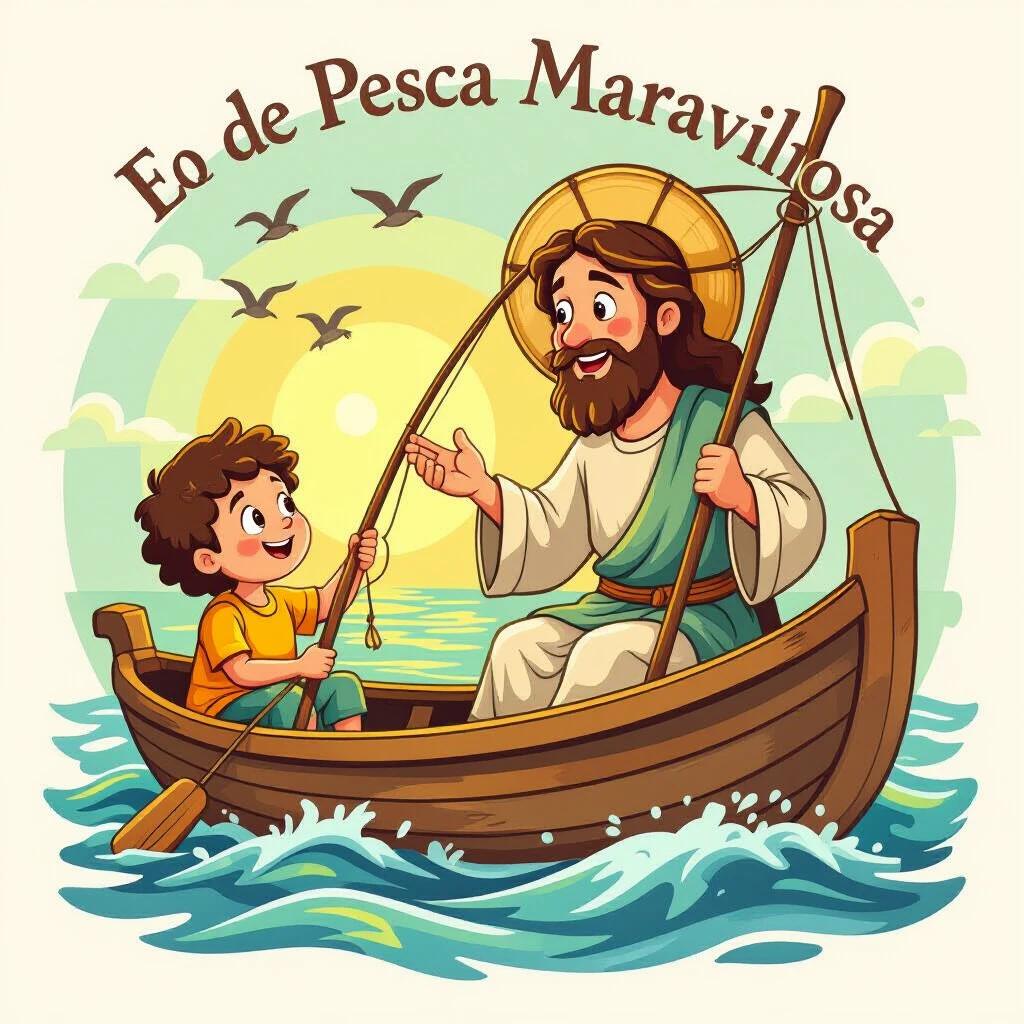 Illustration of the parable of the miraculous catch told by Jesus. Shows a joyful interaction between a boy and Jesus in a small boat on water. Includes a serene sea background with gentle waves and a sunny sky. Designed with sewn felt texture style. Bright and inviting for young children.
