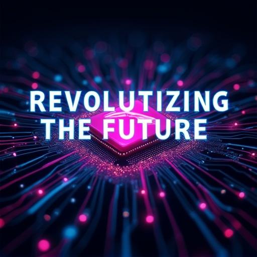 Futuristic technology poster with glowing text and microchip core. High-contrast design with circuits and glitch effects. Deep black background with electric blue and magenta streaks. Bold headline 'REVOLUTIONIZING THE FUTURE' with subtitle 'TechX Conference 2025'. Drawn with Adobe Photoshop and Blender.