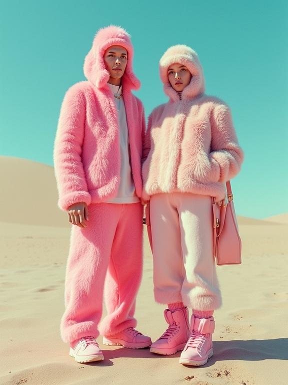 Full body photograph capturing men and women in unusual pink furry outfits. Surreal fashion mixed with abstract art. Inspired by life on Mars with vibrant colors. Dreamy glow with soft light and appealing composition.