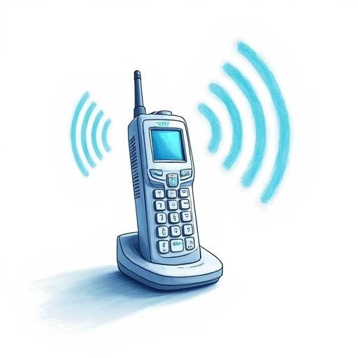 Illustration of a wireless Siemens phone on a pristine white background. The phone is depicted receiving a signal with blue-colored radio waves emanating around it.