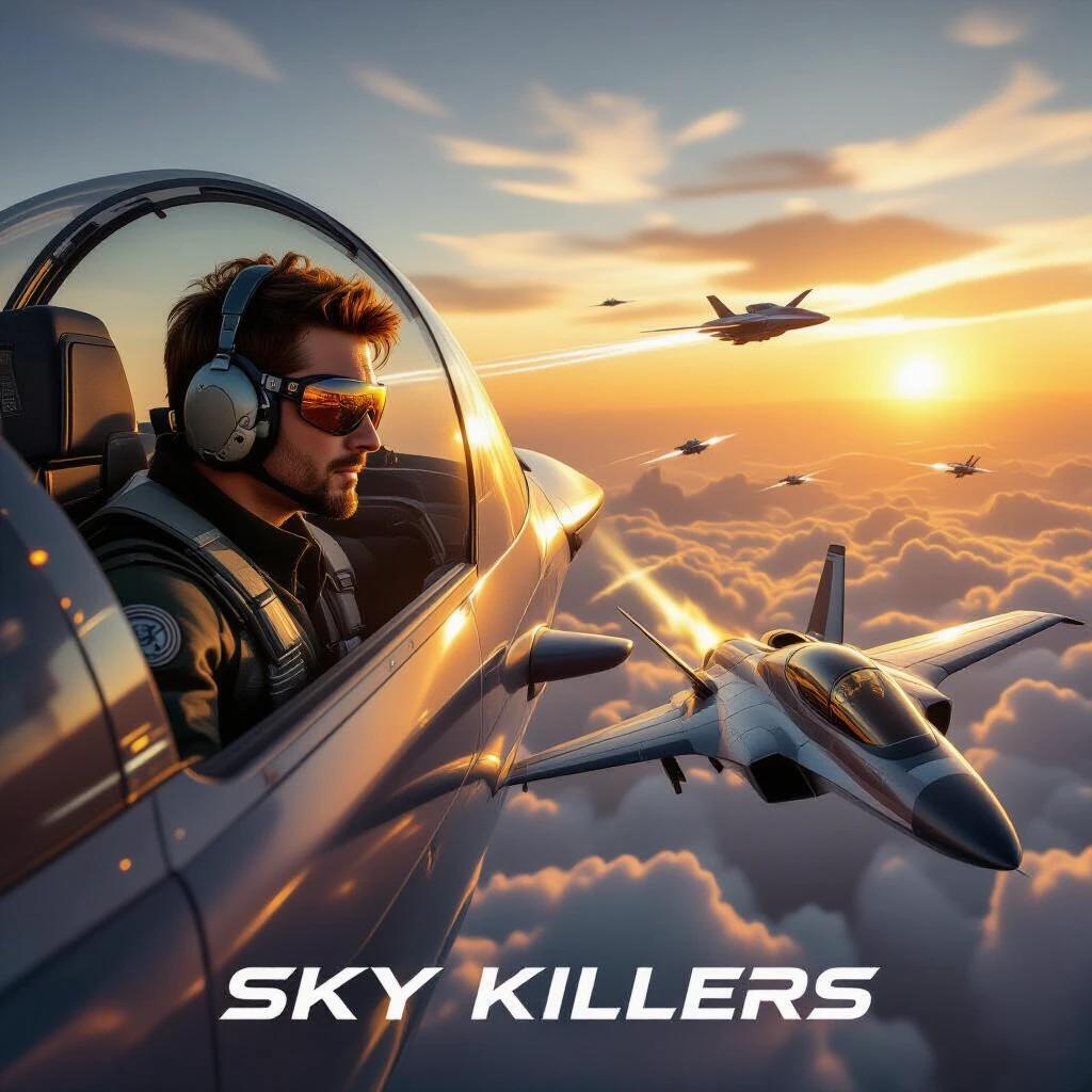 Two elite pilots navigate aerial maneuvers against rogue AI. Tom Cruise in aviator suit. Ana de Armas pilots sleek jet. Futuristic megacity below. Golden clouds at sunset. Dynamic cockpit HUD reveals technology.