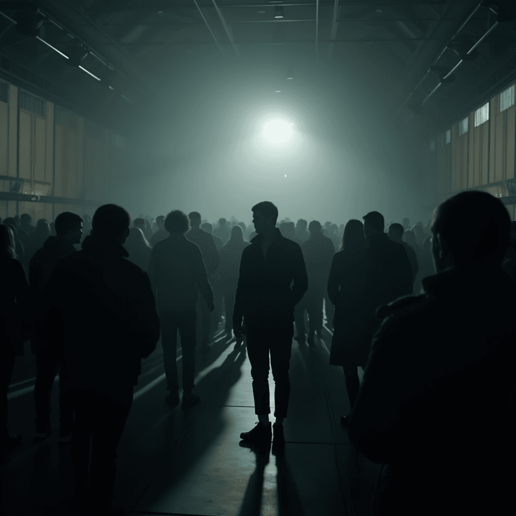 A crowd in a dimly lit, spacious hall with a central figure highlighted by a spotlight.