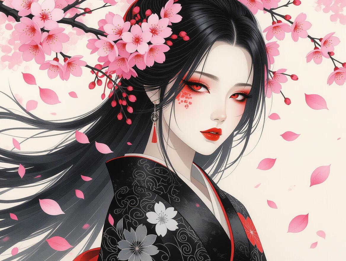 Dark gothic woman in kimono amidst cherry blossoms. Long black hair with flowing strands. Vibrant coral-pink sakura flowers surround her. Dramatic makeup with red eyeshadow. Intricate patterns on kimono.