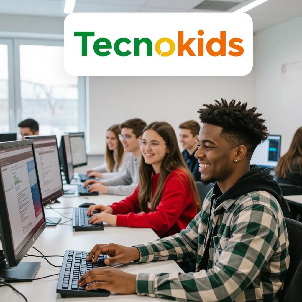 Classroom environment with teens focused on computer screens. Students engaged in typing activities. Bright and inviting atmosphere. 'tecnokids' logo displayed prominently. Young individuals showcase enthusiasm for learning.