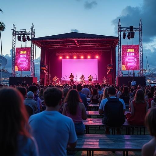 Live music venue near harbor hosts concert tonight. Stage displays vibrant lights. Audience gathers to enjoy performance. Event named 'SUMMER LIVE 2025'.
