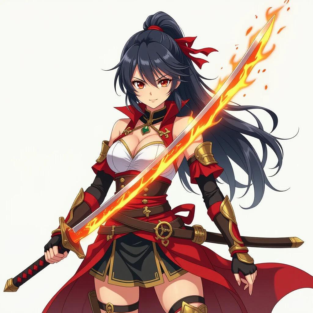 Anime warrior holds a flaming sword. Character dressed in vibrant red and black armor. Long hair with a striking ponytail. Bold stance showcasing armor details. Epic fantasy theme with flame effects.
