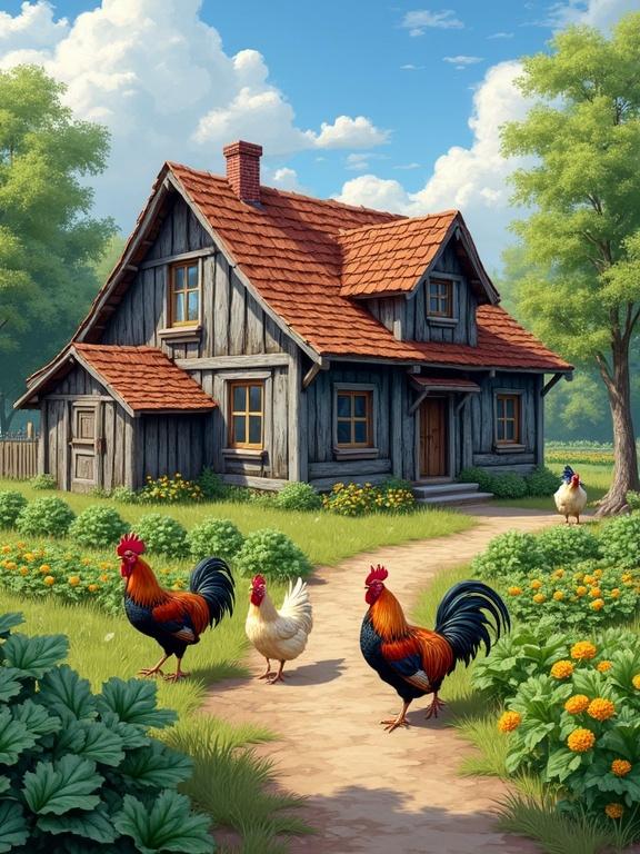 Image shows a rustic farmhouse surrounded by lush greenery and chickens. The house is made of weathered wood with a tiled roof. The chickens are roaming freely along the garden path. The sky is bright blue with fluffy white clouds. Vegetation includes healthy leafy plants and yellow flowers creating a cozy farm environment.