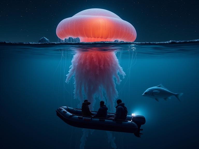 Hyperrealistic night scene depicting a giant reddish jellyfish submerged in the waters of Antarctica, illuminated by blue light. A small white fish swims near it. An inflatable rescue boat with a young man and woman in uniforms is nearby. Dark ocean and star-filled sky create an intense atmosphere.
