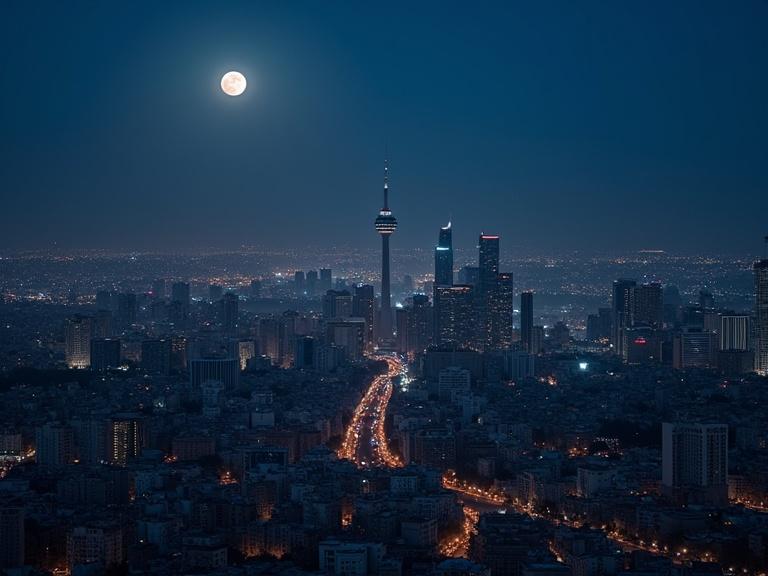 Full view of Tehran at night from an aerial perspective. Lights on in buildings. Prominent Tehran tower included. Full moon in the upper left corner. Detailed city skyline captured with modern architecture. Soft white city lights against a dark blue sky. Tall, densely populated buildings portrayed in a realistic manner. High vantage point used for the shot. Dramatic contrast between night sky and city lights. Wide view with precise composition.