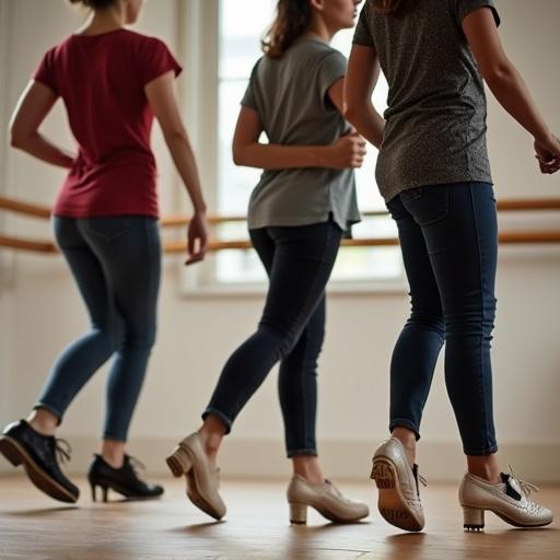 Image features three people engaged in tap dancing practice. Focus on their feet and lower body. Setting is indoors with wooden floor and dance mirrors.
