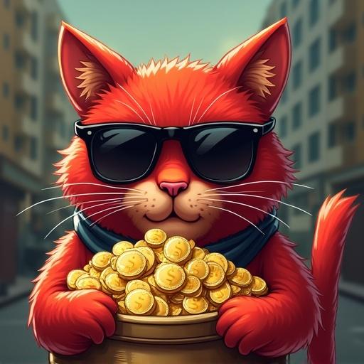 Cartoon of a red cat in sunglasses holding a pot filled with gold coins and dollar notes in an urban setting. The cat has a serious face.