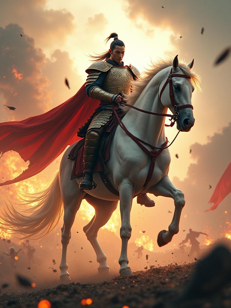 An armored warrior rides a majestic white horse in a battlefield. The scenery is filled with explosions and chaos. The warrior dons legendary samurai armor with divine markings. A torn flowing cape billows in stormy winds. The atmosphere is charged with intensity. The warrior raises a fist declaring a message. His presence commands respect.